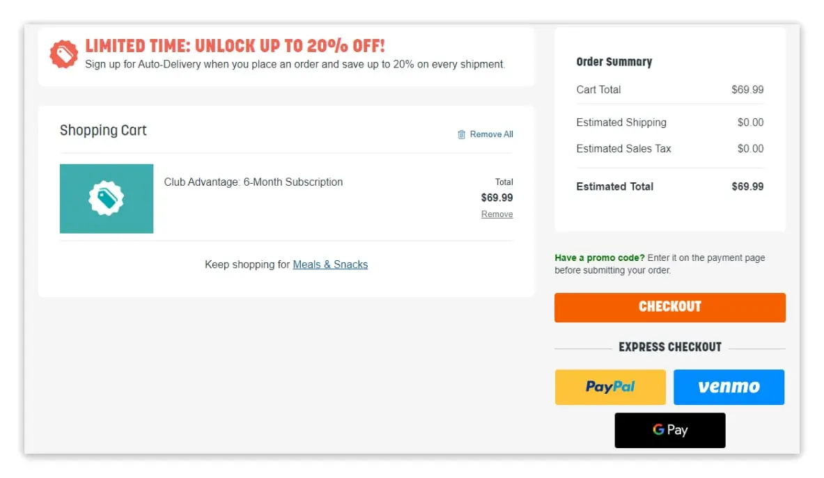Nutrisystem checkout page.